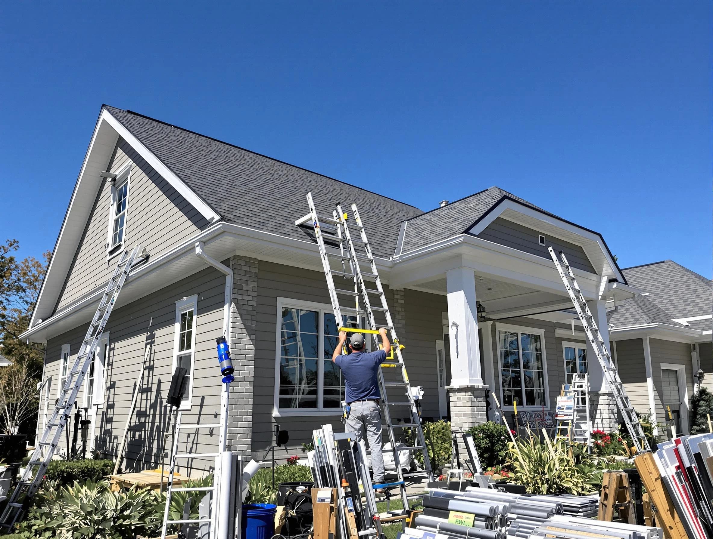 Strongsville Roofing Company fitting rain gutters at a home in Strongsville, OH
