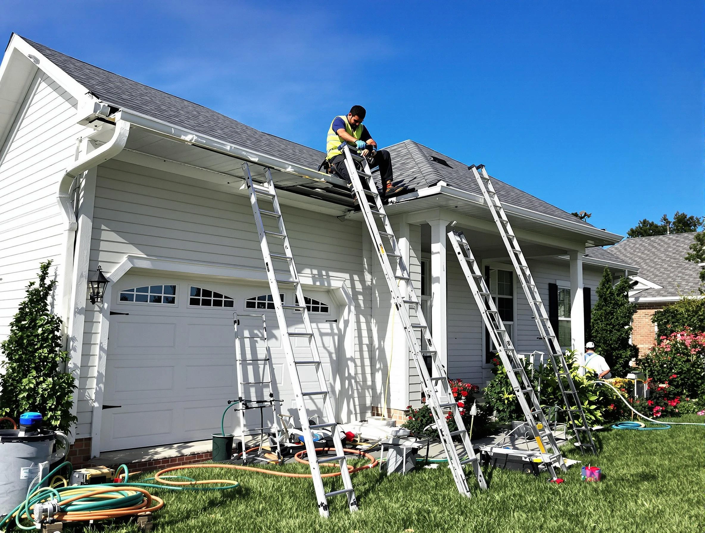 Removal of old gutters by Strongsville Roofing Company to install new system in Strongsville, OH